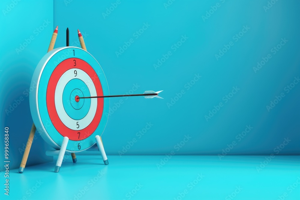 Poster a red and blue target with an arrow stuck in it
