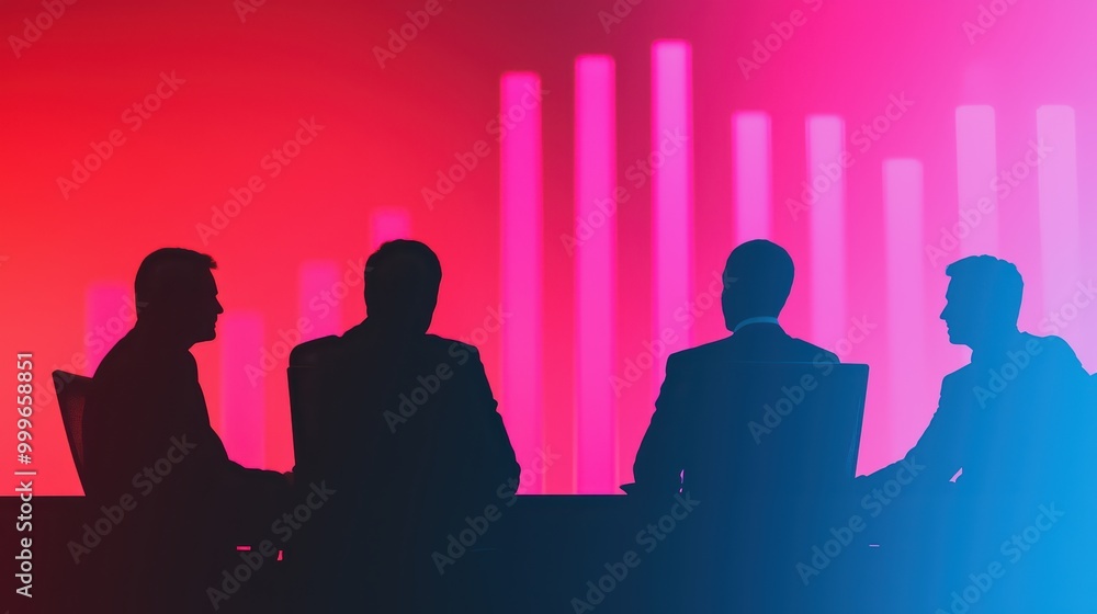 Poster silhouettes of business professionals in a meeting with colorful background representing data analys