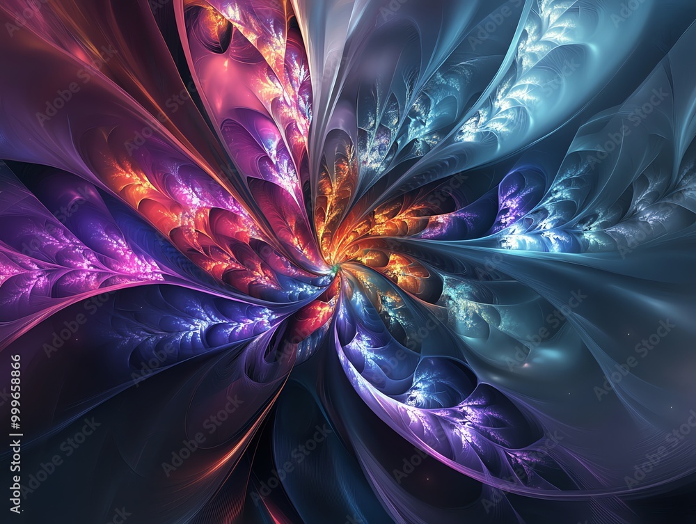Poster Abstract fractal art with swirling shapes, patterns, and colors.