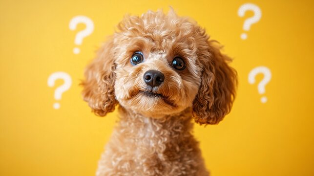 Inquisitive Tiny Brown Dog Surrounded by Question Marks on Bright Yellow Background