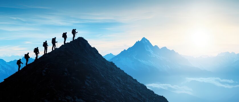 Silhouetted hikers trekking towards the sun over mountainous terrain, symbolizing adventure and exploration.