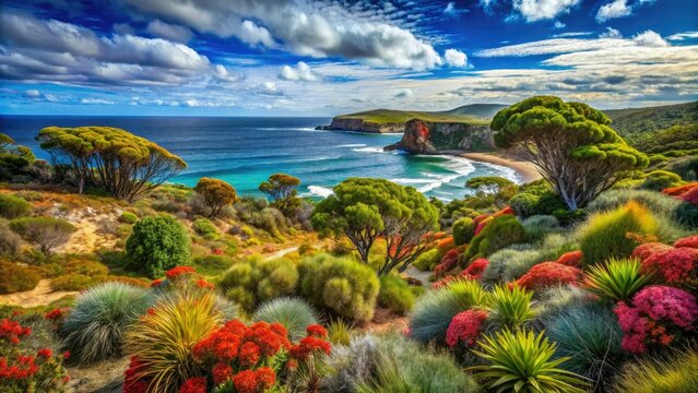 A vibrant Australoid landscape features distinctive flora and fauna thriving in their natural environment, all beneath a brilliant clear sky. Nature's wonders on full display.