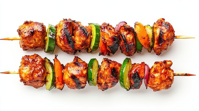 Bar b q tikka with vegetable on wooden sticks isolated on white background, Grilled chicken