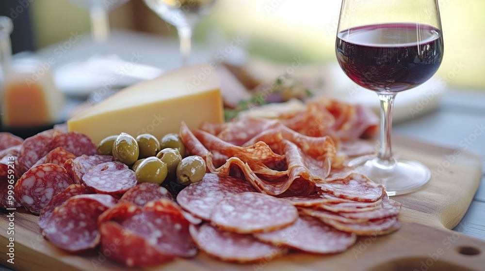 Poster A charcuterie board with assorted meats, cheese, olives, and a glass of red wine.