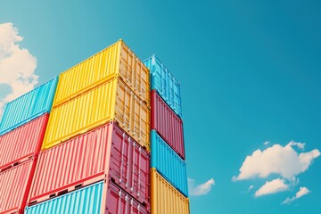 Fototapeta premium Stacked shipping containers against a blue sky with clouds, colorful and vibrant industrial scene.