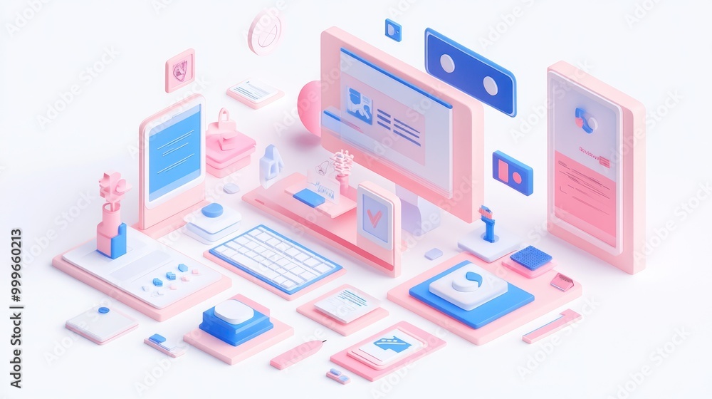Poster a colorful digital workspace with various tech elements and icons.