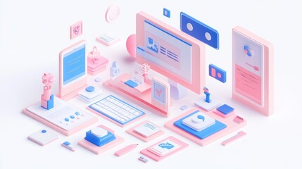 A colorful digital workspace with various tech elements and icons.