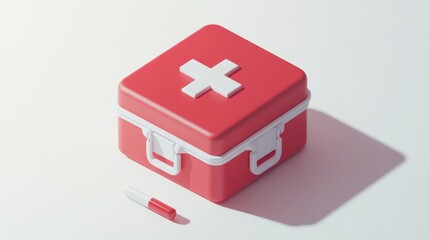 A red first aid kit with a white cross, accompanied by a small tube.