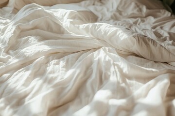 Soft, crumpled white bedding in natural light