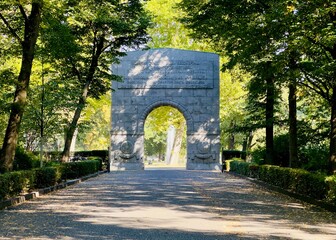 stone arch entrance monument of the Soviet War Memorial located in Treptower Park in Berlin, Germany