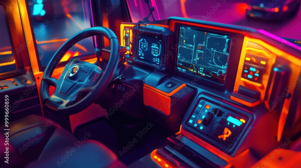 Aufkleber a futuristic vehicle dashboard with advanced controls and displays illuminated in vibrant colors.