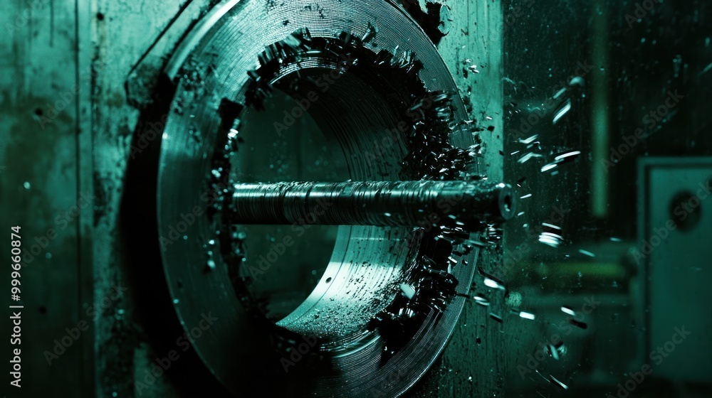 Poster a close-up of a machining process showing metal shavings and a rotating component.