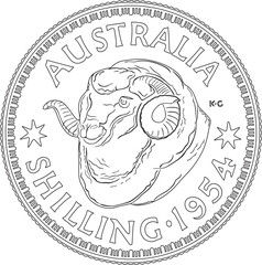 Australia silver shilling with Ram Head vector design handmade silhouette.
