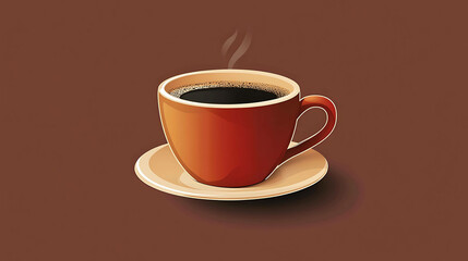 Obraz premium A steaming cup of coffee in a red mug on a saucer against a brown background.