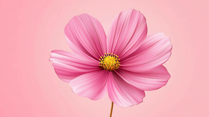 Fototapeta premium Single pink flower with yellow center on pink background.