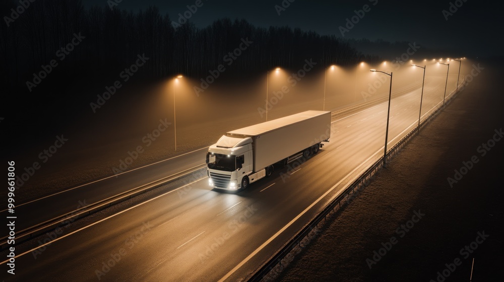 Sticker A truck driving on a foggy road illuminated by streetlights at night.