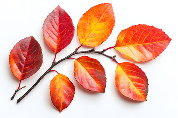 Fototapeta premium Vibrant orange and red autumn leaves branch isolated on white background