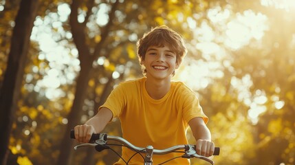 Naklejka premium Teenager smiling while riding a bicycle through a park, sunlight filtering through trees, cheerful teenager, fun ride, adventure