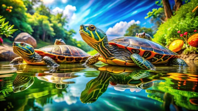 A lively aquatic scene showcases colorful Clemmys turtles swimming gracefully among lush underwater foliage in a tranquil and vibrant natural habitat filled with serenity.