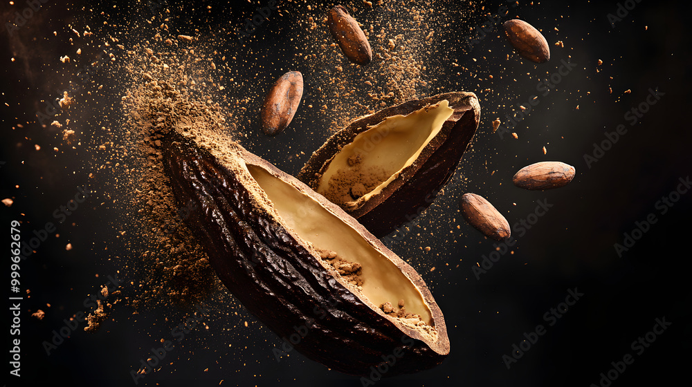 Poster close-up of split cocoa pod with cocoa nibs and powder bursting in midair, showcasing the raw textur