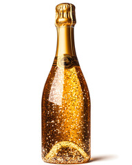 Bottle of champagne decorated with golden glitter isolated on white background