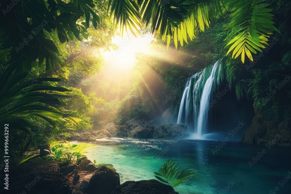 Sticker A serene waterfall surrounded by lush greenery and sunlight filtering through the trees.