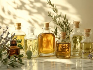 A group of glass bottles filled with herbal oil, each containing sprigs of fresh herbs. Aromatherapy. AI generated
