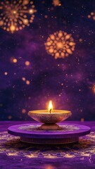 Banner design for diwali festival and purple podium,Diwali light decoration candle with fireworks,Stage,Product display Showcase design sparkle background,Deepavali,Dipavali,3D podium illustration.