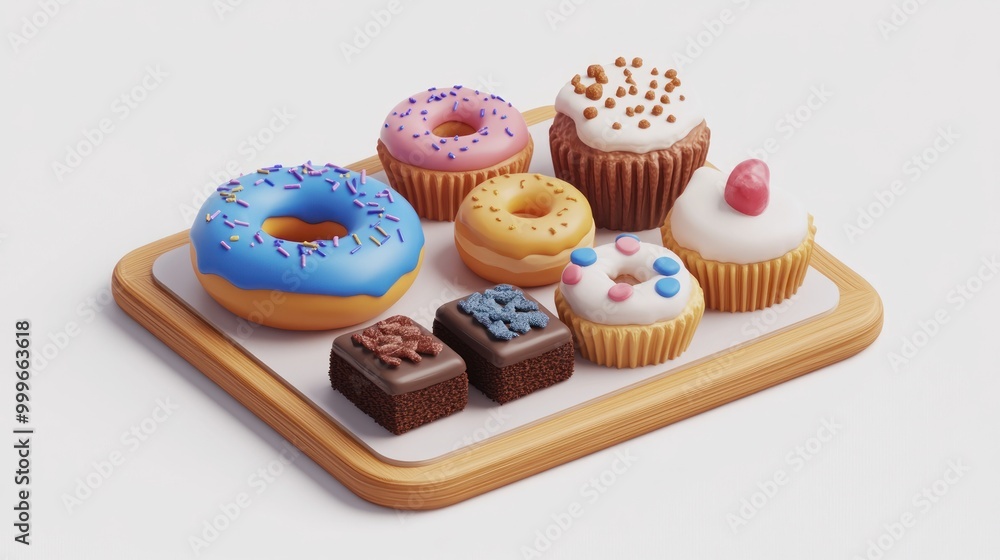 Canvas Prints A colorful assortment of donuts and brownies on a wooden tray.