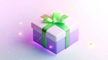 A colorful gift box with a green ribbon, surrounded by sparkles and a soft gradient background.