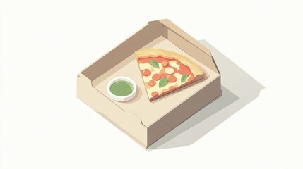 A slice of pizza in a takeout box with a side of green dipping sauce.