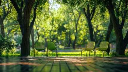 Obraz premium A serene outdoor setting featuring empty green chairs amidst lush trees and grass.