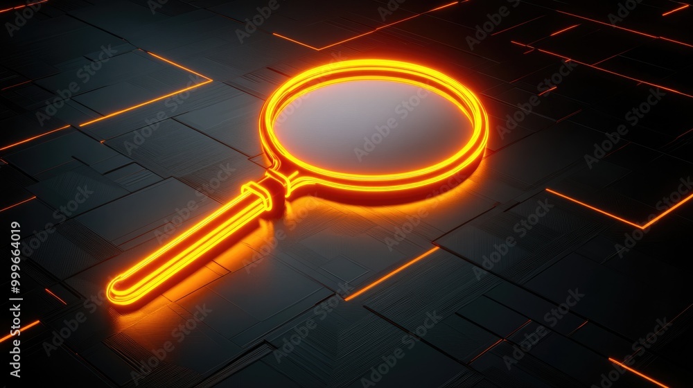 Poster neon tech magnifier. find innovation with cyber glow on high-tech floor. 3d render