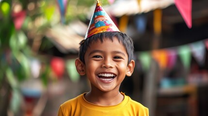 Happy Burmese Boy Celebrating with a Vibrant Party Hat in Festive Mood