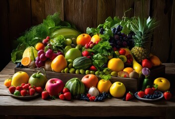 vibrant colorful fruits vegetables creatively arranged rustic table displaying bounty rich tones textures, artisan, arrangement, agriculture, art