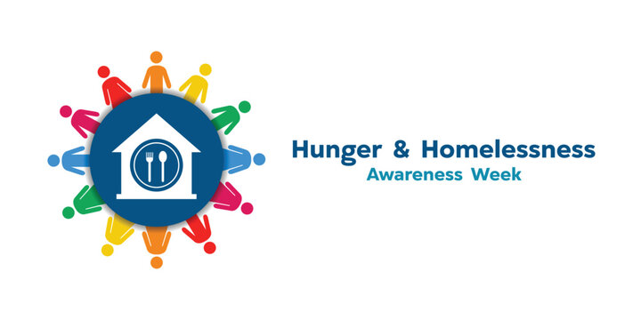 Hunger and Homelessness Awareness Week. House, plate, fork, spoon and people. Great for cards, banners, posters, social media and more. White background.