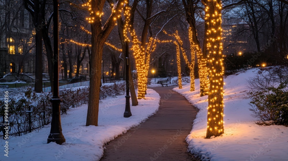 Poster A serene winter pathway illuminated by warm lights amidst snow-covered trees.