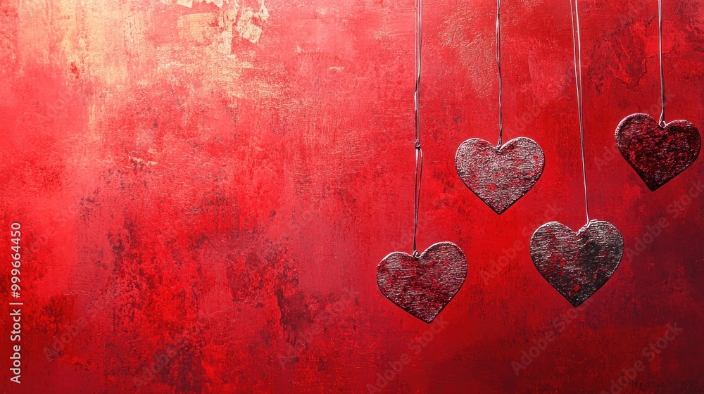 Poster A vibrant red background with hanging heart shapes, symbolizing love and affection.