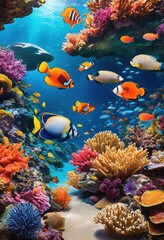 Fototapeta premium vibrant underwater seafood display showcasing fresh catches lively colors diverse marine life, fish, shrimp, crab, lobster, squid, scallop, shellfish, coral