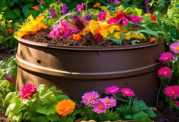 colorful compost bin overflowing lively organic scraps fresh kitchen waste generating nutrient rich soil vibrant garden setting, vegetables, fruits, materials
