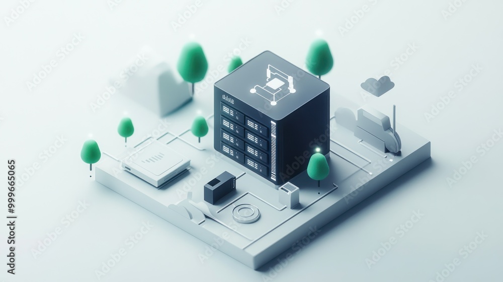 Poster a minimalist 3d model of a modern building surrounded by trees and pathways.