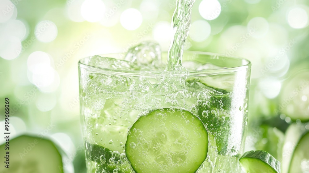 Aufkleber a refreshing drink with cucumber slices and sparkling water.