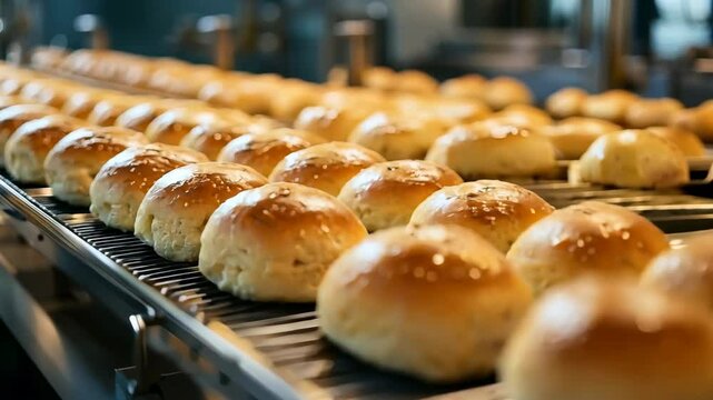 Bread in a bakery on an automated conveyor.