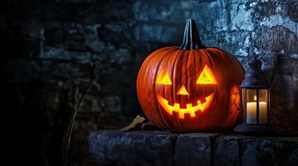 A Halloween pumpkin with a carved face illuminated by professional lighting sits on an old stone wall at night, creating a spooky atmosphere. The dark and eerie background enhances the glowing pumpkin