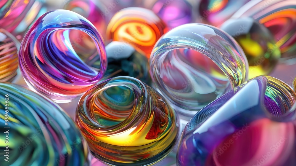 Fototapete a collection of vibrant glass 3d objects floats in abstract formations, creating a futuristic and co