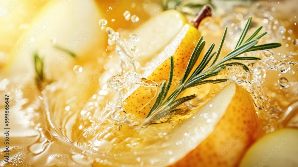Poster pear slices and rosemary create a splash in refreshing beverage.