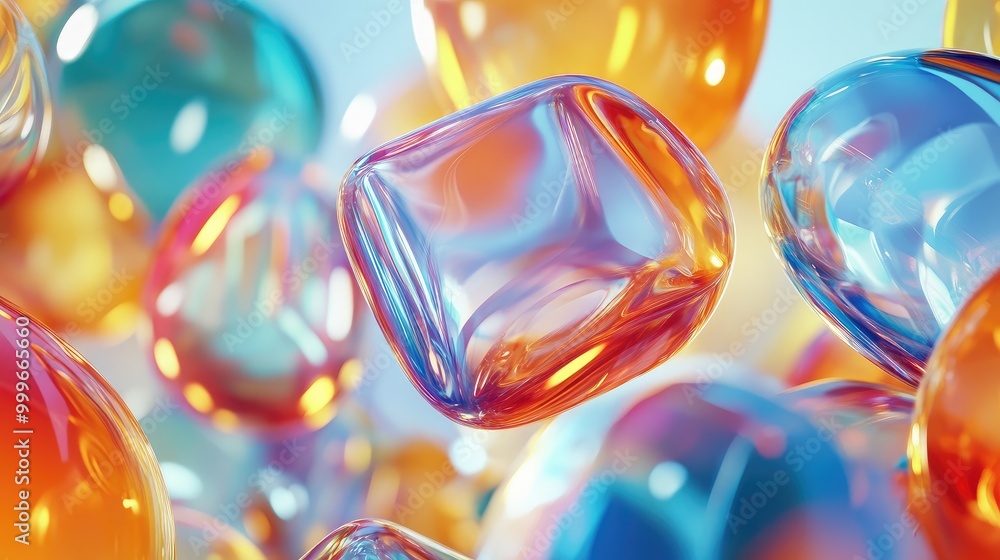 Fototapete a collection of vibrant glass 3d objects floats in abstract formations, creating a futuristic and co