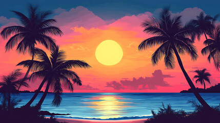 A vibrant tropical sunset with palm trees silhouetted against the warm sky.