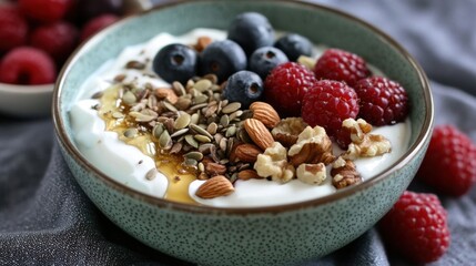 A bowl of Greek yogurt topped with a variety of nuts, seeds, and a drizzle of honey, with fresh berries on the side.