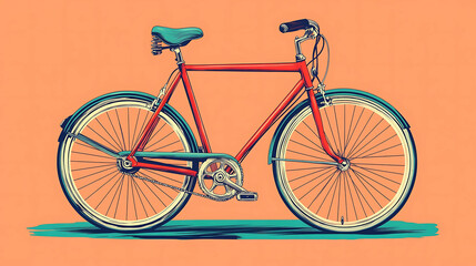 Fototapeta premium Retro-style illustration of a red bicycle with a teal seat on a peach background.